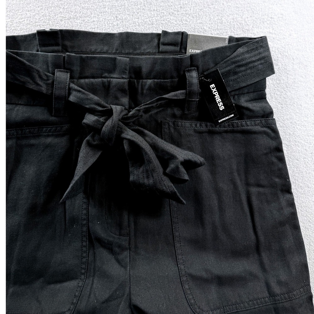 Express Paperbag Waist Pants Women 6R Black Tie Belt Straight 30x27 Comfy Chic